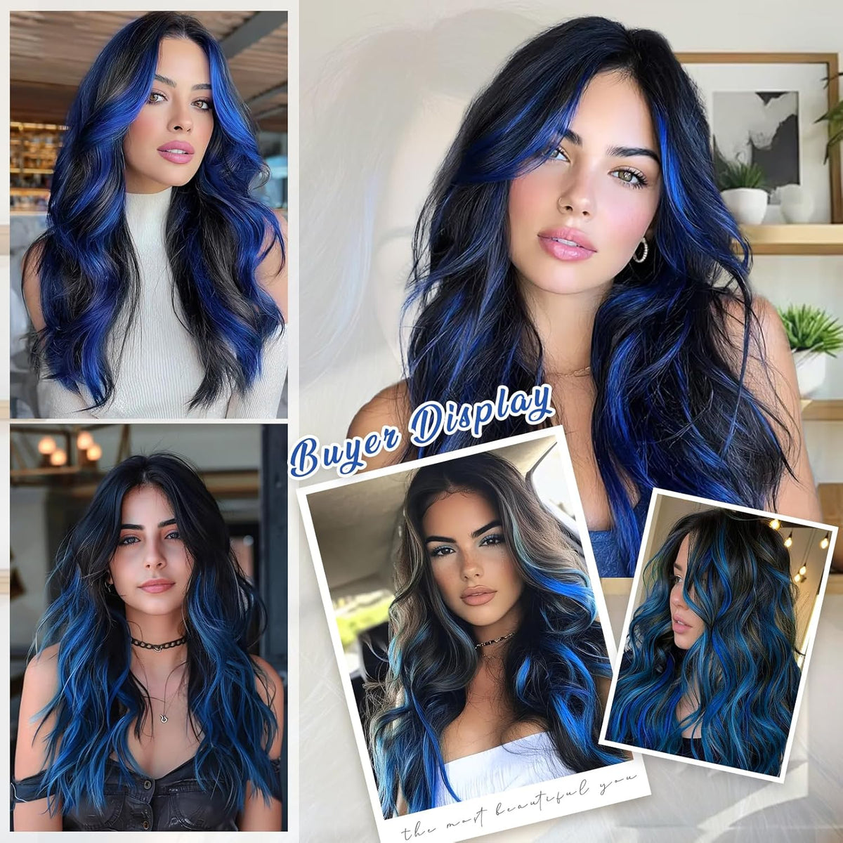 Clip in Long Wavy Synthetic Hair Extension (Blue Black Highlights)