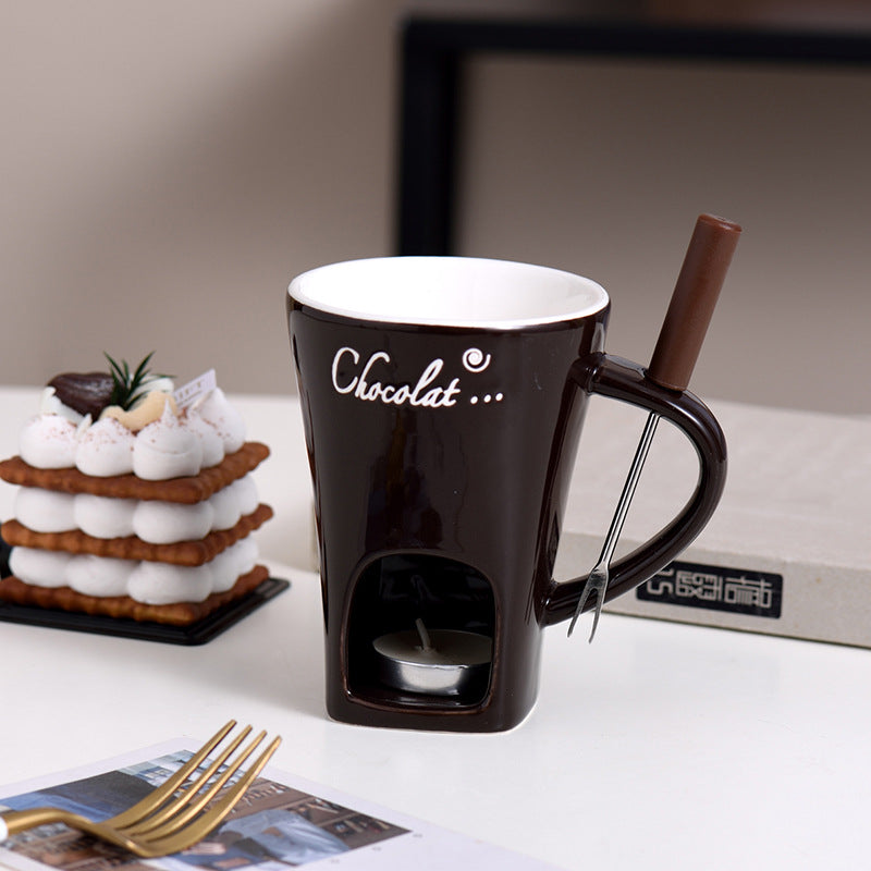 Premium Ceramic Chocolate Fondue Mug Set with Tea Light Warmer - Romantic Date Night Essential