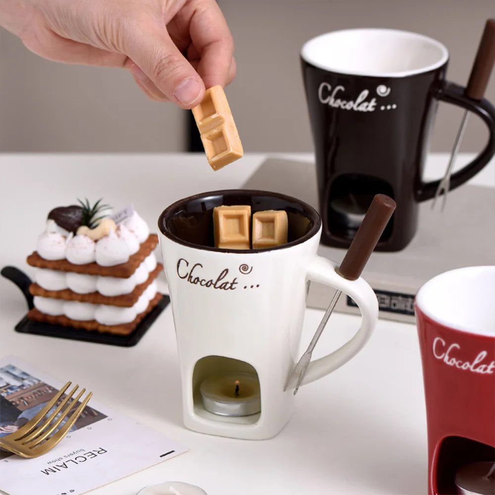 Premium Ceramic Chocolate Fondue Mug Set with Tea Light Warmer - Romantic Date Night Essential