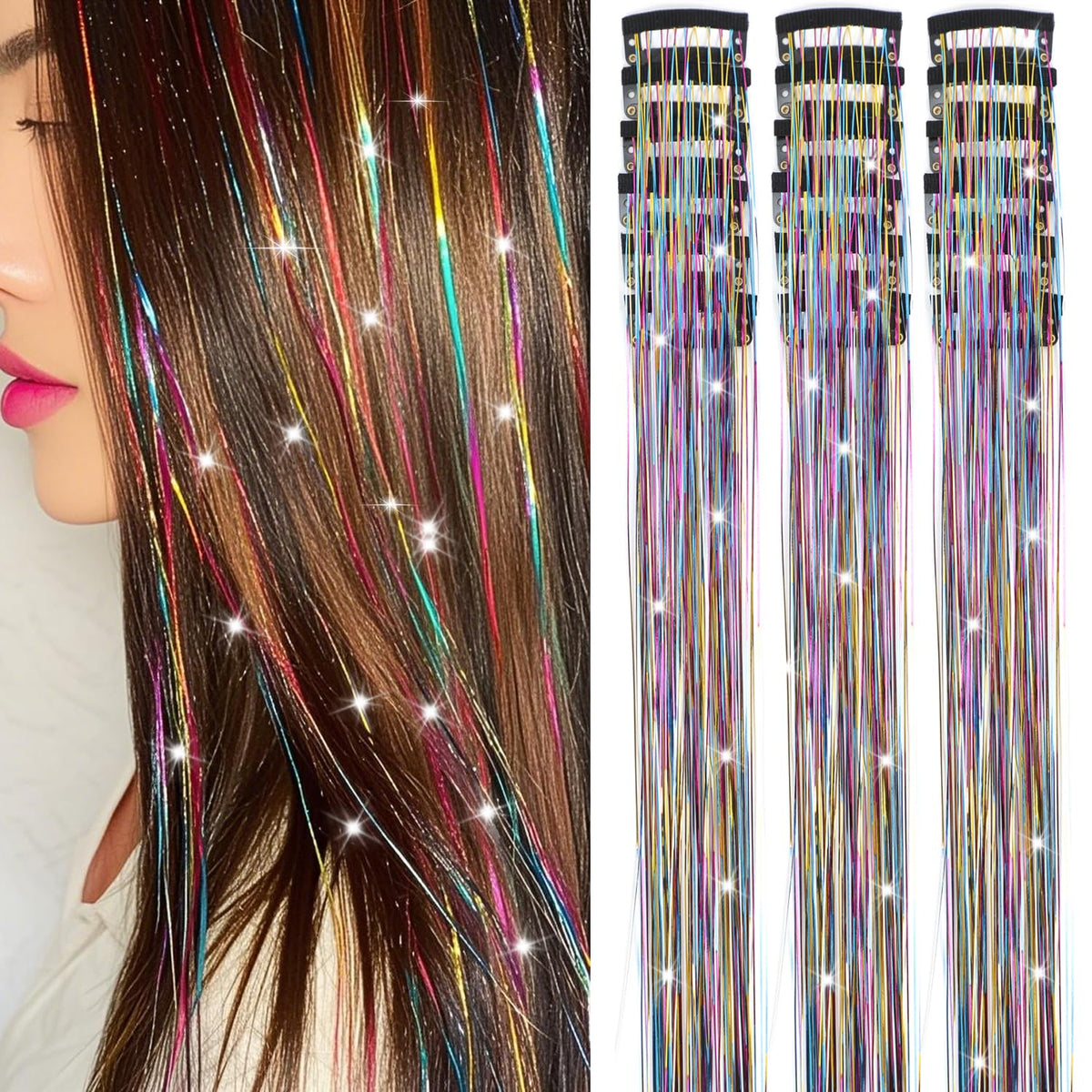 Liora — Rainbow Hair Tinsel Clip-In Extensions for Sparkling Highlights