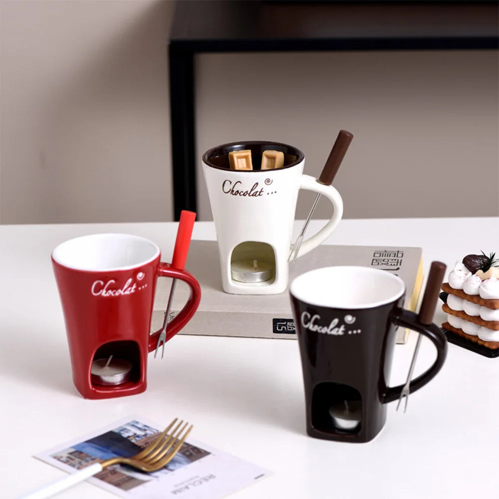 Premium Ceramic Chocolate Fondue Mug Set with Tea Light Warmer - Romantic Date Night Essential