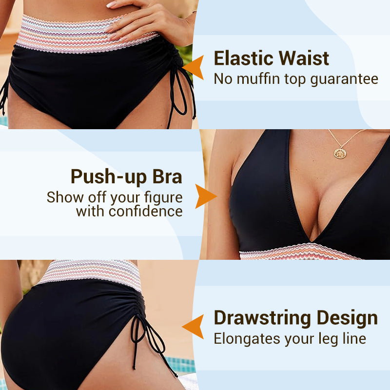 🔥Hot Sale💥-👙High Waisted Tummy Control Color Block Bikini Sets