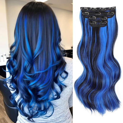 Clip in Long Wavy Synthetic Hair Extension (Blue Black Highlights)