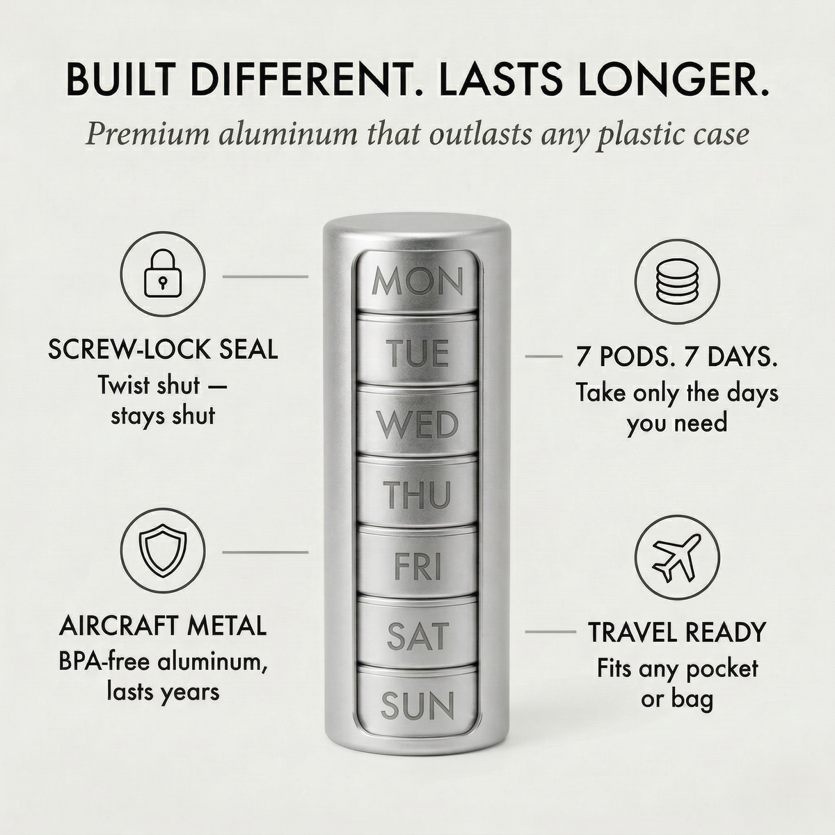 Doselock™ – Stackable Metal Weekly Pill Organizer, BPA-Free Aluminum, 7-Day Travel Pill Case + 50% OFF