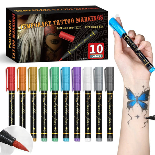 10 Colors Temporary Tattoo Markers for Skin - Safe Body Art Pens with Brush Tip