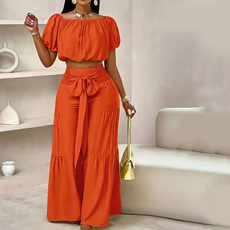 ☀️ 50% OFF NOW! 👗 Off-Shoulder Puff Sleeve Top & Wide-Leg Pants Set – Elegant Summer 2-Piece! 💃