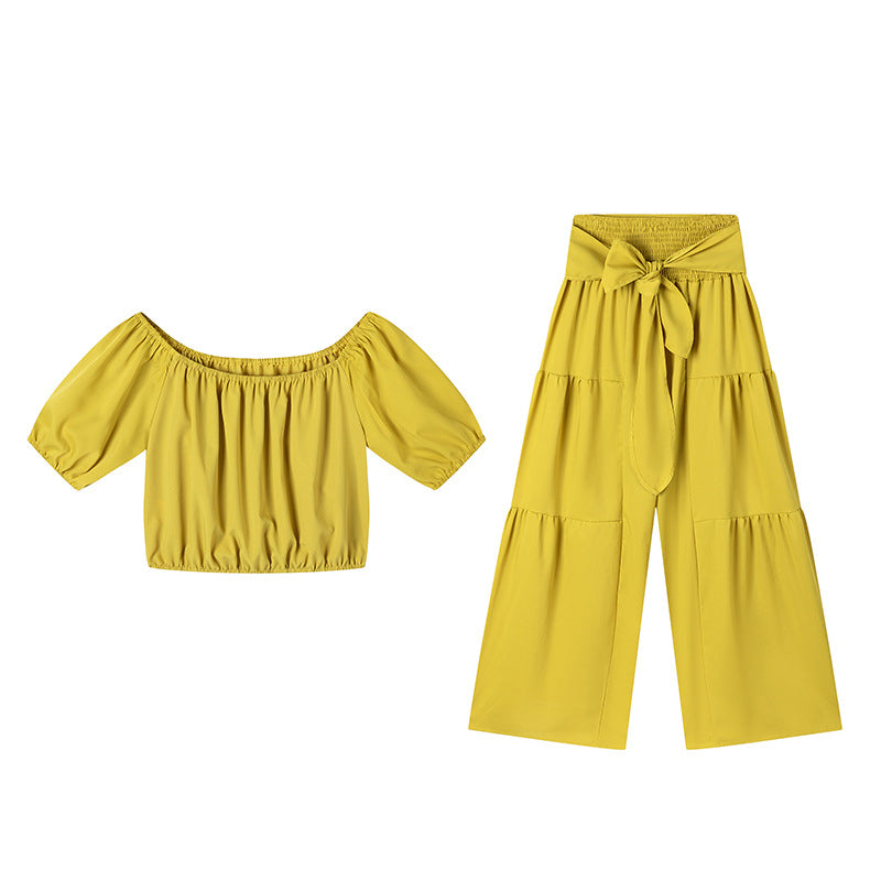 ☀️ 50% OFF NOW! 👗 Off-Shoulder Puff Sleeve Top & Wide-Leg Pants Set – Elegant Summer 2-Piece! 💃