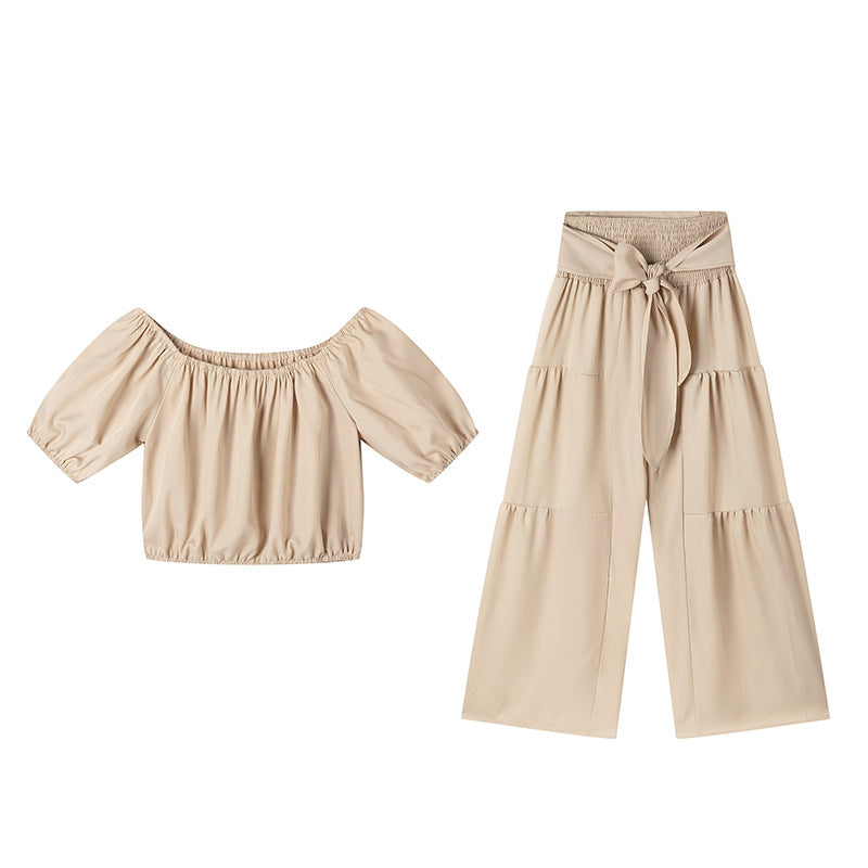 ☀️ 50% OFF NOW! 👗 Off-Shoulder Puff Sleeve Top & Wide-Leg Pants Set – Elegant Summer 2-Piece! 💃