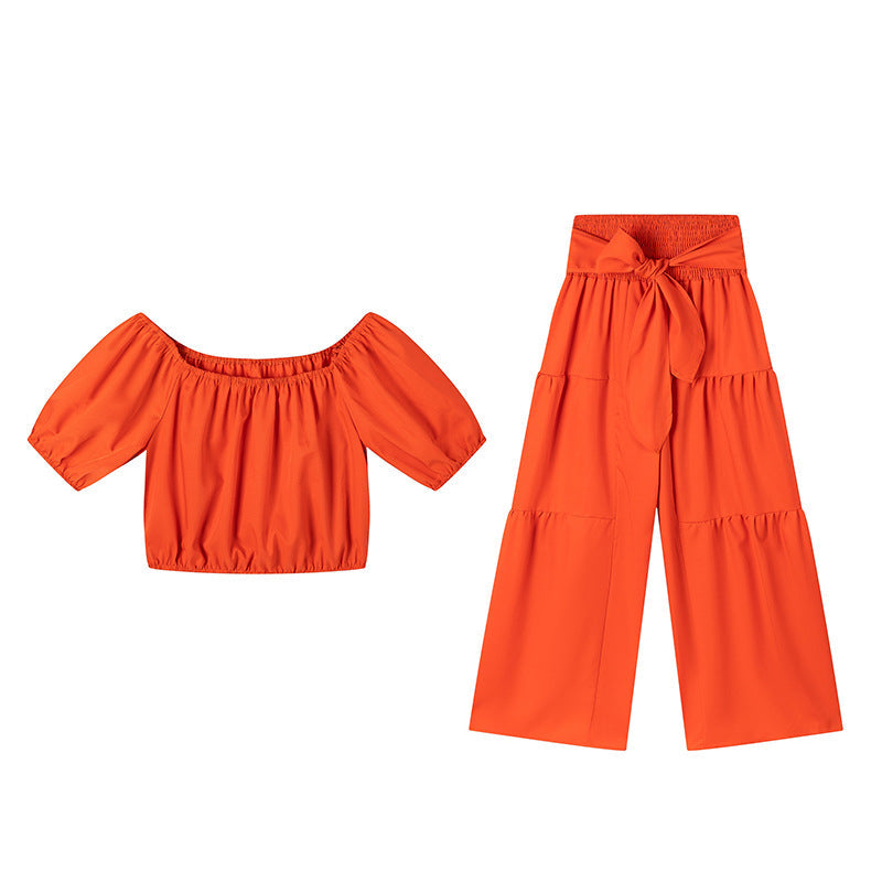 ☀️ 50% OFF NOW! 👗 Off-Shoulder Puff Sleeve Top & Wide-Leg Pants Set – Elegant Summer 2-Piece! 💃