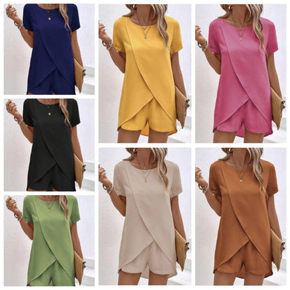 Women's Solid Color Irregular Top & Shorts Two Piece Set