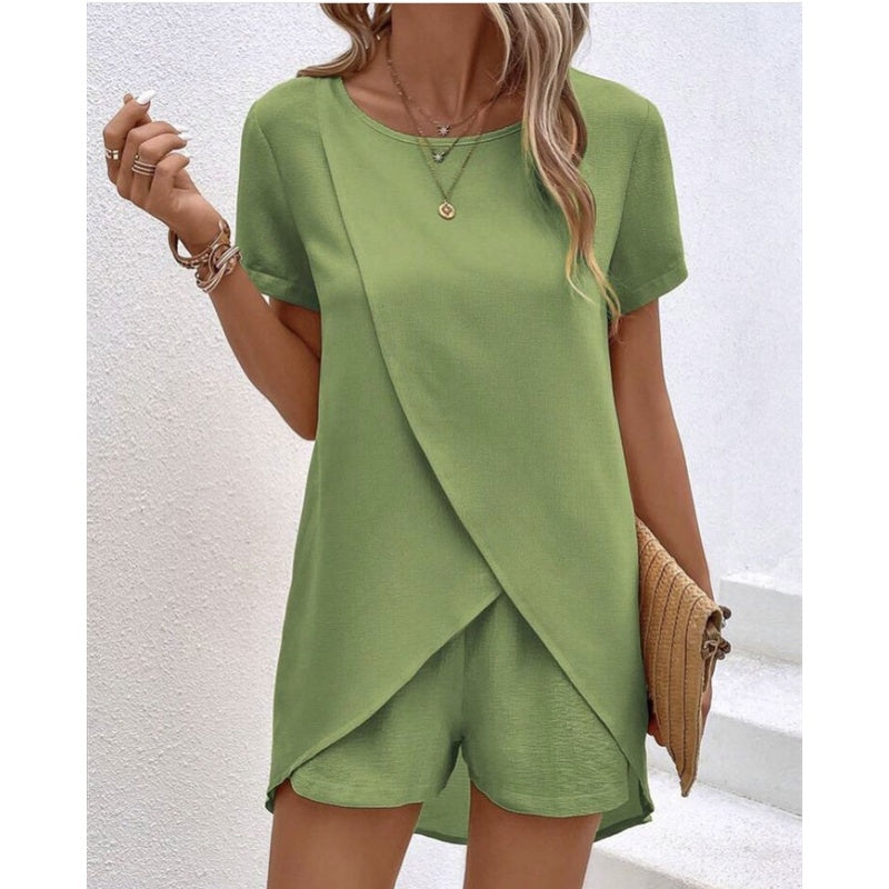 Women's Solid Color Irregular Top & Shorts Two Piece Set
