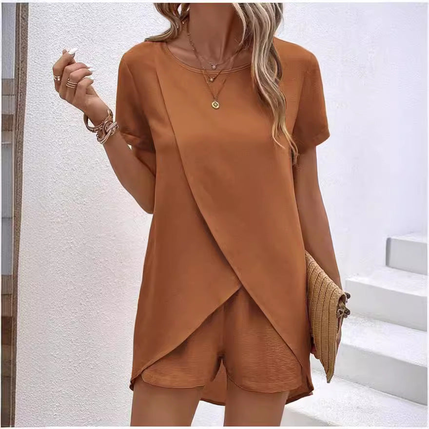 Women's Solid Color Irregular Top & Shorts Two Piece Set
